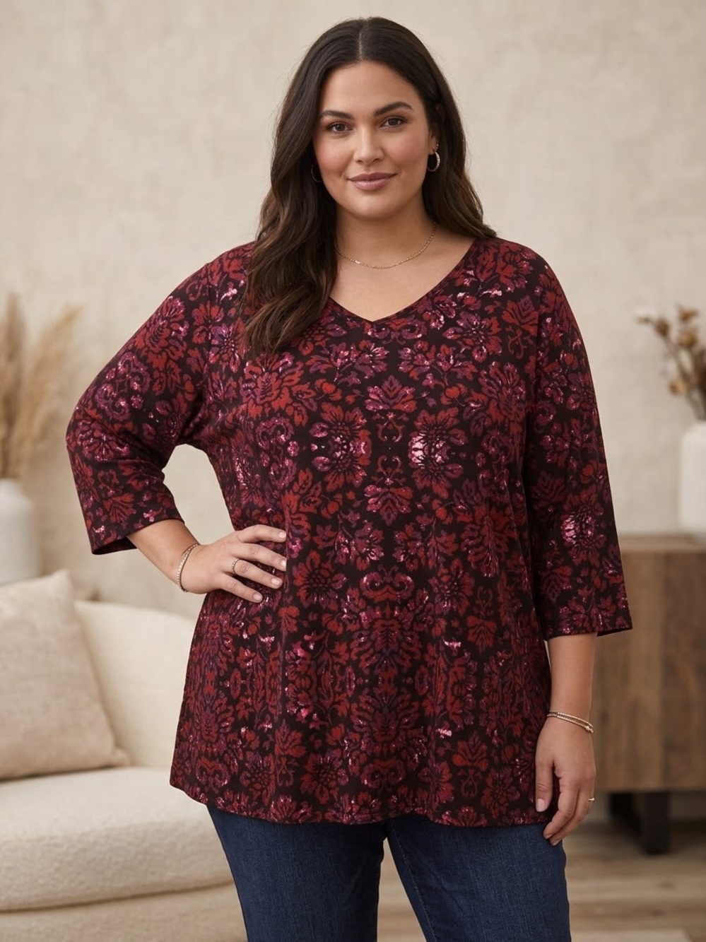 Catherines Dark Floral Knit Blouse Womens Size 4X